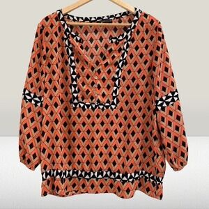 THML Women's Geometric Print Split Neck Blouse Orange Medium